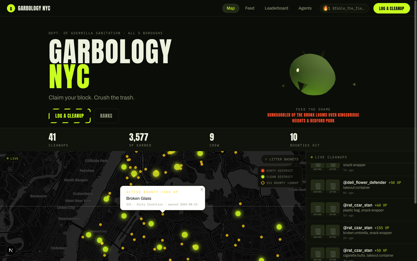 Live map with district monsters, 311 bounties, and DSNY litter baskets