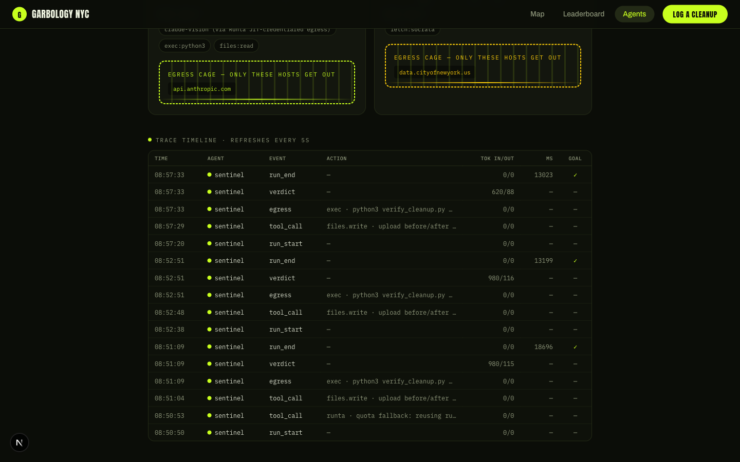 Live agent trace timeline with tool calls and token counts