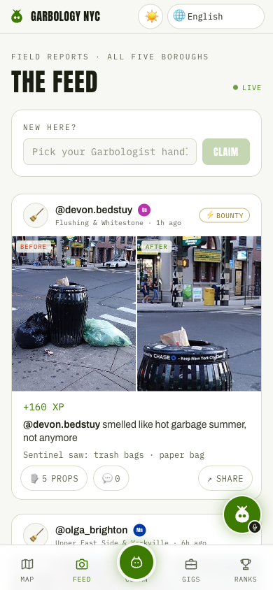 Community feed with real before/after cleanup photos, props and comments