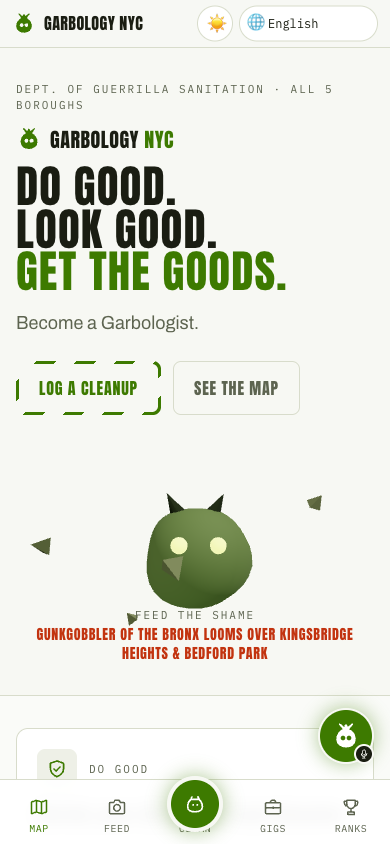 Garbology NYC mobile landing — the slogan hero in light mode