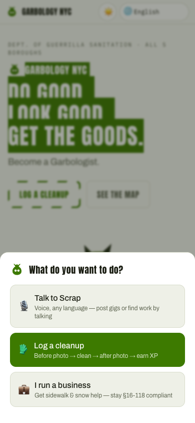 One-tap launcher: talk to Scrap, log a cleanup, or get business help