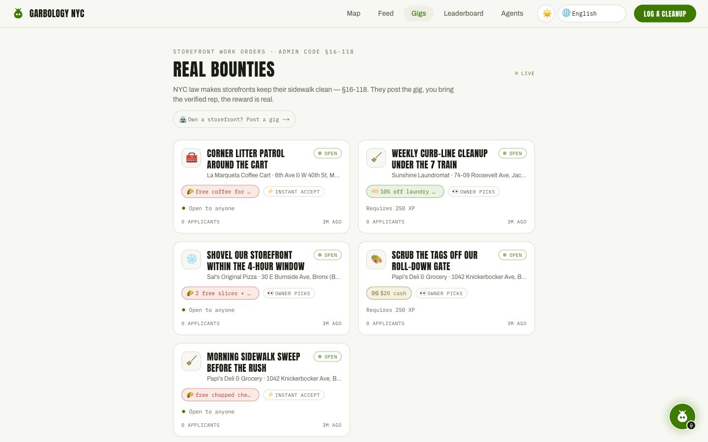 Real Bounties gig board with cash, food, and store-credit rewards